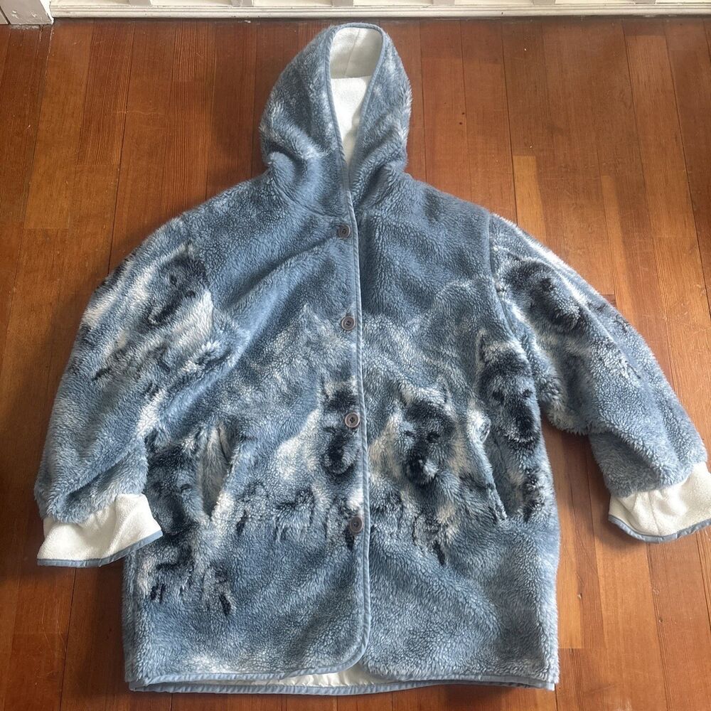Vintage Graphic Wolf Reversible Fleece Jacket Size XL Tall 90s